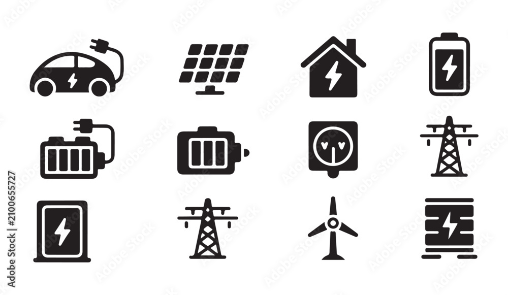 Fototapeta premium Energy production and power supply icons showing renewable sources and electrical distribution infrastructure set.