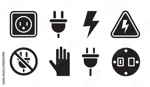 Photos Set of electrical icons featuring power plugs wall outlets warning signs and human hand safety warning symbols