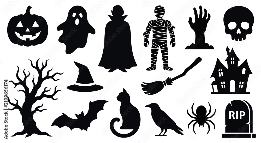 Obraz premium Halloween silhouette set with jack-o'-lantern, ghost, vampire, mummy, haunted house, witch hat, cat, and tombstone