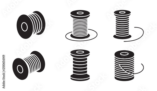 Foto Set of spool and reel icons for wire or thread storage showing different angles and winding styles in black