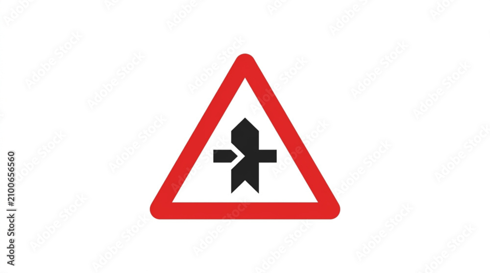 Foto Staggered junction warning road sign with red triangular border