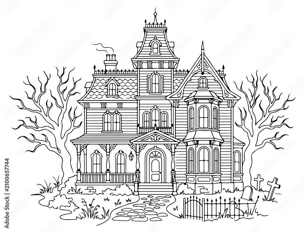 Fototapeta premium Detailed outline drawing of a haunted Victorian mansion with spooky trees and graveyard.