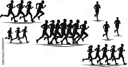 Foto Large set of black silhouettes of running people marathon runners and joggers is