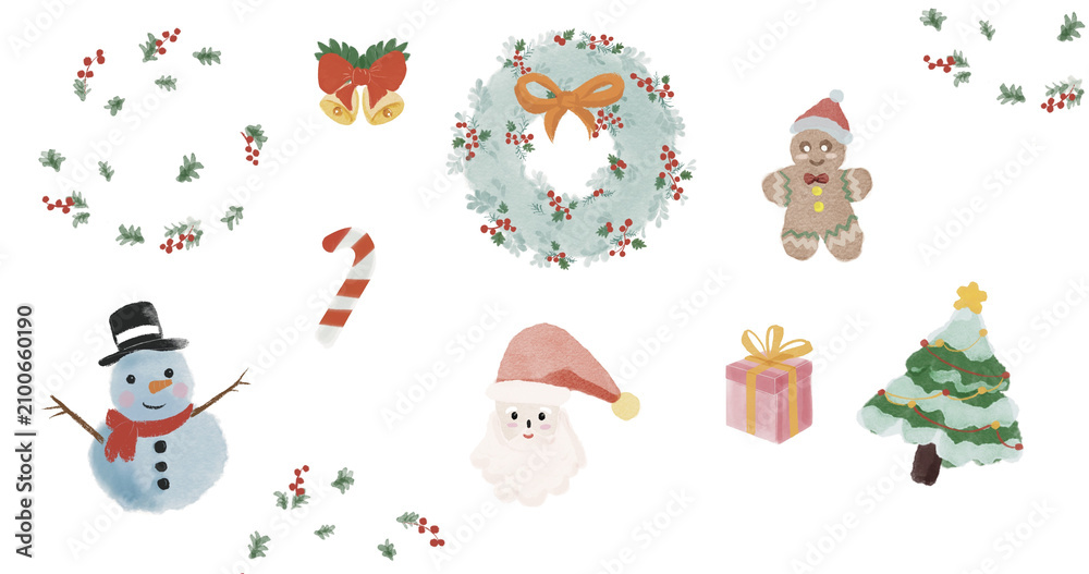 Fototapeta premium Christmas decoration watercolor wreath snowman candy cane gingerbread gift tree cheerful holiday illustration with holly bell bearded face ornament white background