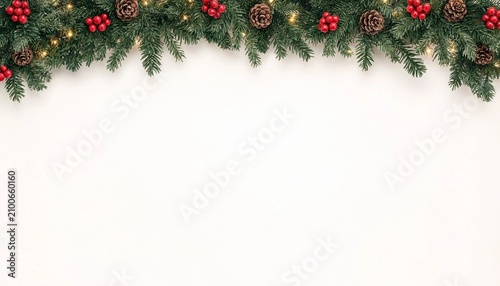 Christmas garland with pinecones and red berries on white background