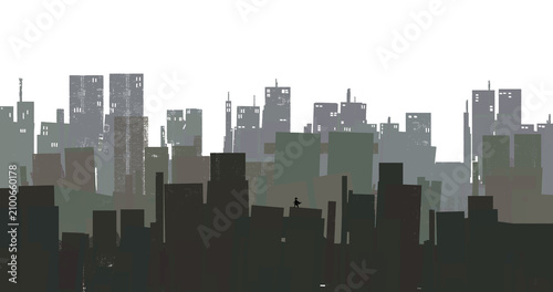 Schilderij op canvas Spy rooftop skyscraper night city skyline silhouette shadow building urban cover