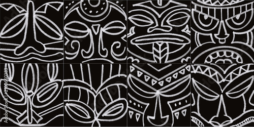 Photos Tribal mask pattern black white line art face Polynesian Maori inspired seamless