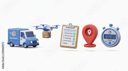 3D Logistics Delivery Set Featuring Transport Truck Drone Package Checklist Map Pin and Stopwatch Symbols for Efficient Shipping Operations