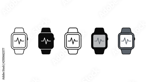Smartwatch icons with heart rate monitor on transparent background