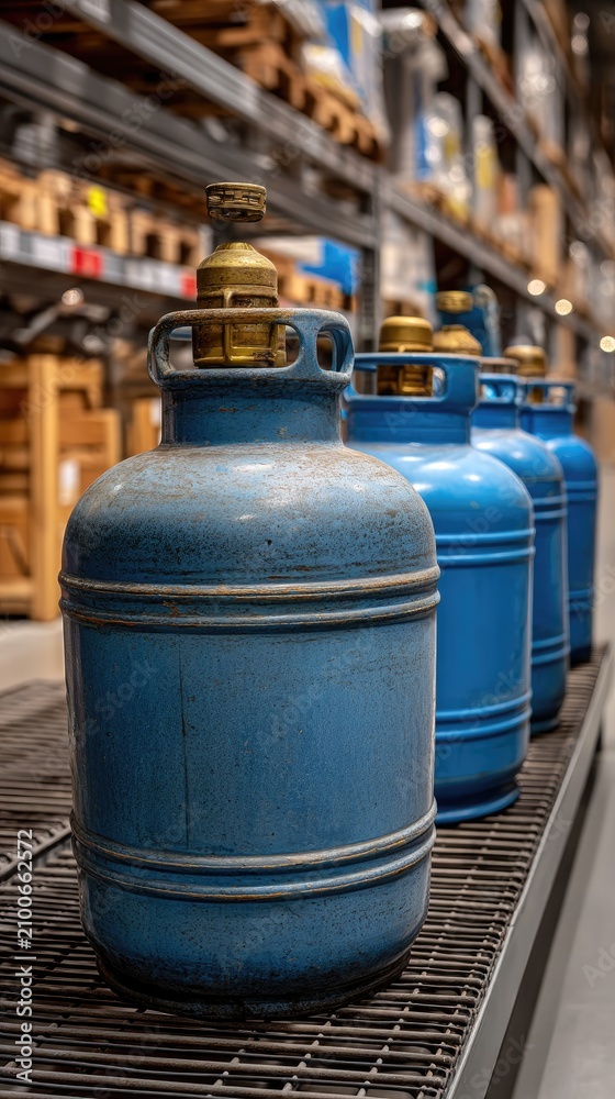 Obraz premium Close up view of blue gas cylinders stored on metal shelving in an industrial warehouse interior