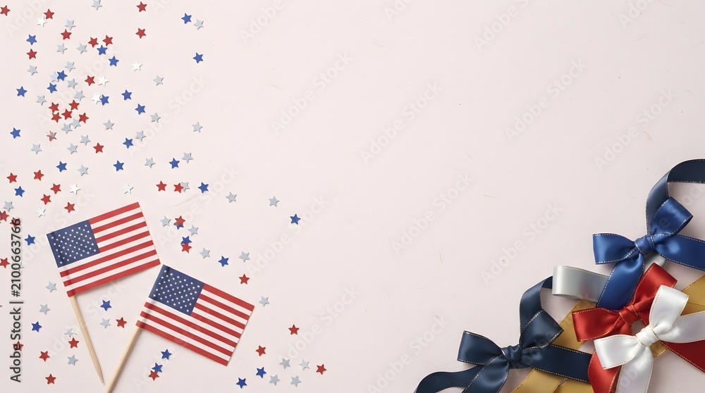 Obraz premium Labor day celebration american flags ribbons and star confetti on pink background