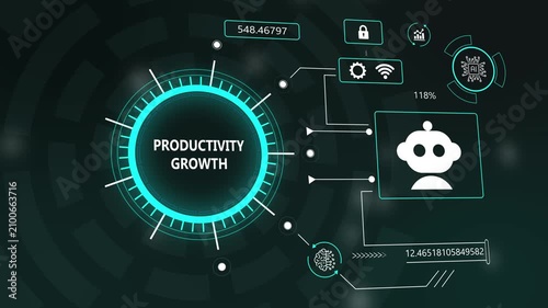 AI Powered Business Productivity Growth Dashboard with Digital Interface HUD Data Visualization and Robot Icon