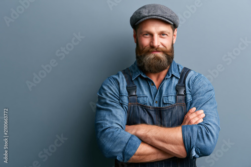Rugged bearded man in denim overalls and flat cap smiles confidently with arms crossed