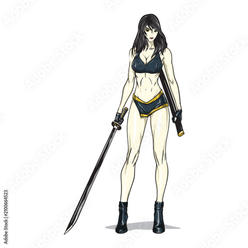 Anime Female Samurai Warrior Holding Katana Isolated on White Background Full Body Character Illustration