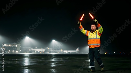 Airport ground crew member signaling airplane at night on runway tarmac