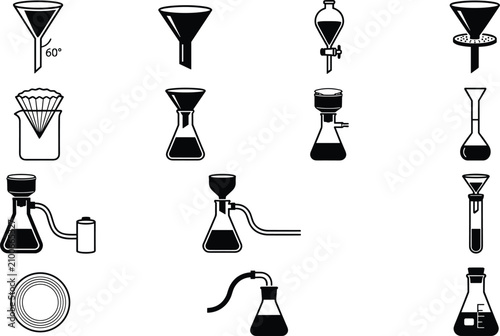 Tableau sur toile Laboratory filtration equipment icons set featuring glass funnels flasks test tubes and chemical experiment apparatus silhouette vector illustration