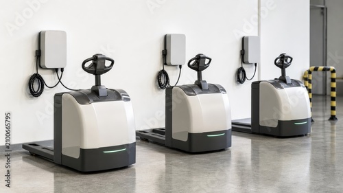 Electric pallet jacks lined up for charging in a warehouse setting