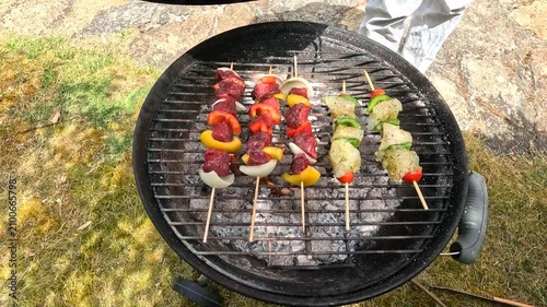 Skewers sizzle on a charcoal BBQ before the cook closes the lid.