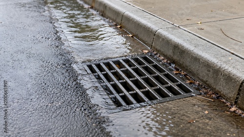 Storm drain overflow street flooding and water runoff after rainfall