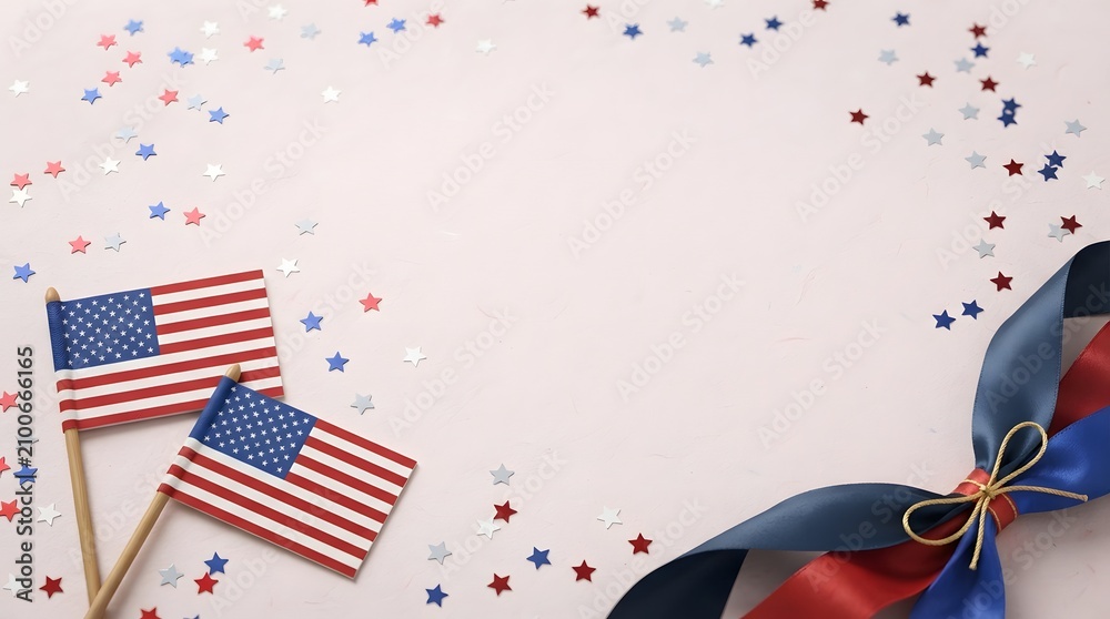 Obraz premium Labor day celebration american flags ribbons and confetti on white background
