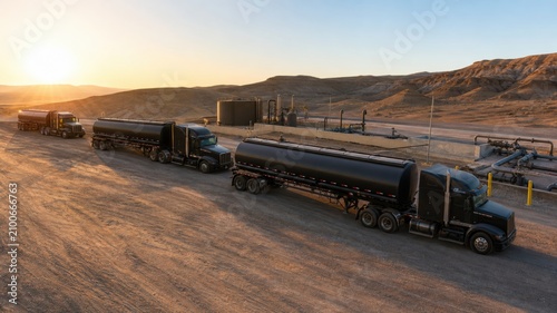 Trucks loading at an oil site in the late afternoon sun on a clear day