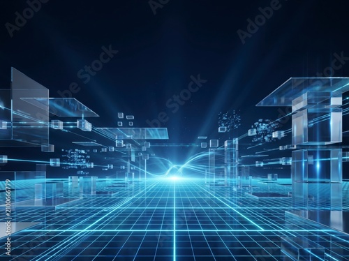 A futuristic digital landscape with glowing blue grids and transparent cubes extending into a luminous horizon.