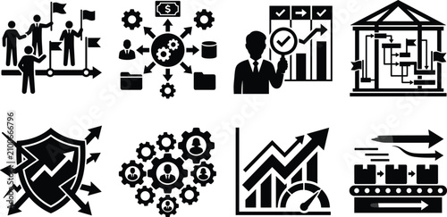 Business process management strategic planning milestone timeline and corporate workflow optimization vector icon set