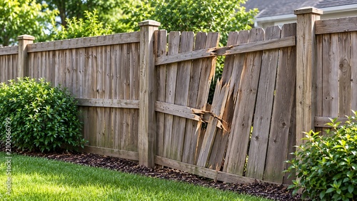 Damaged wooden fence panel repair needed after impact or storm damage