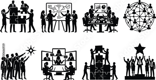 Business teamwork collaboration video conference and corporate strategic planning milestone icons vector set