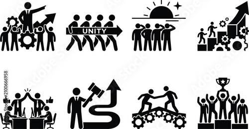 Business teamwork unity and corporate leadership icon set for strategic partnership and target achievement vector