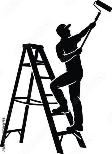 Professional house painter worker standing on a stepladder using a roller brush silhouette vector graphic illustration isolated.