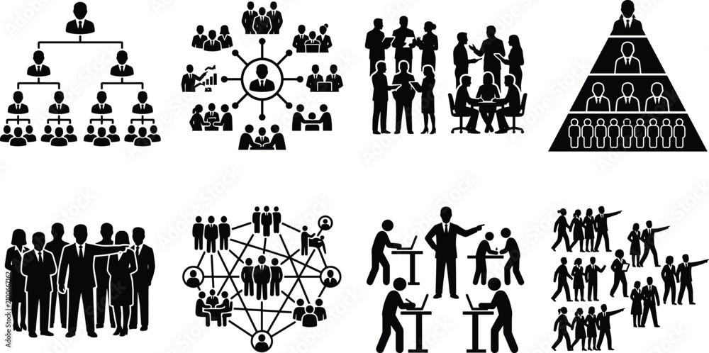Naklejka premium Corporate Organizational Hierarchy and Business Teamwork Icon Set Featuring Workplace Management and Social Network Structure