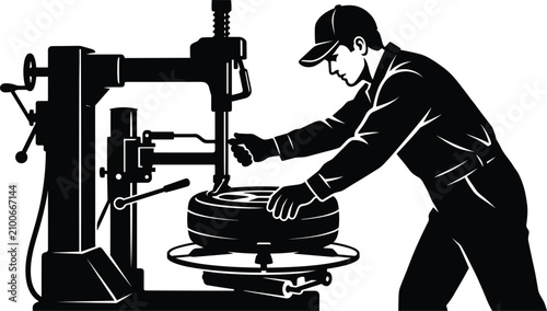 фотографія Professional male auto mechanic technician operating tire changer machine in workshop station silhouette graphic vector illustration isolated