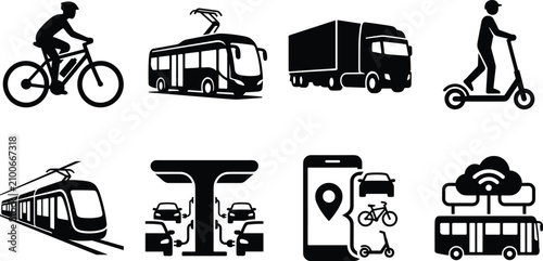 Eco friendly smart transportation and urban mobility icon set for electric vehicle and public transit vector