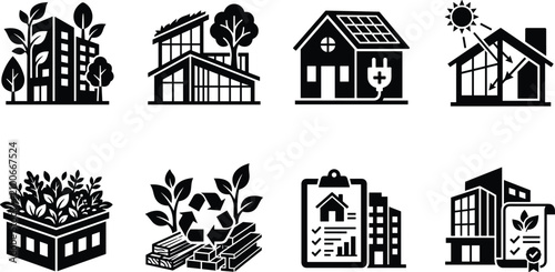 Green building eco friendly architecture and sustainable construction icon set for renewable energy real estate vector