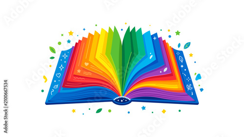 Colorful open book with rainbow pages, vibrant educational storytelling illustration, creative imagination and literacy concept art on white background