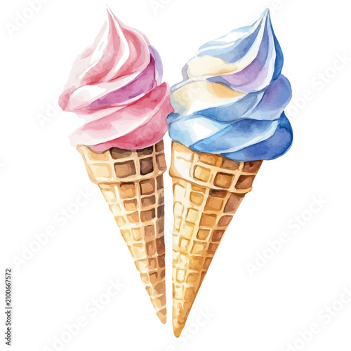 Foto Ice Cream Pastel Cones, charming vector painting in watercolor with whimsical textures, isolated on a white background