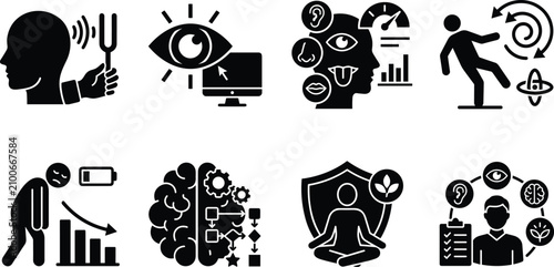 Human senses and mental health checkup icon set for neurology medical diagnosis and wellness infographics