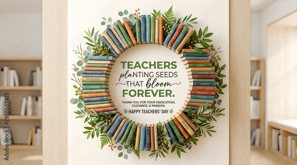 Fototapeta premium Happy teacher day books greenery wreath celebrating educator dedication and inspiring student growth
