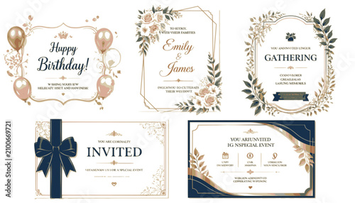 Elegant Invitation Card Templates Set, Luxury Golden Floral Frame and Birthday Celebration Card Collection