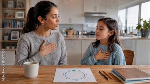 Parent guides child through breathing exercise using simple visual card at home, showing emotional regulation, coping skills and mindful parenting support.
