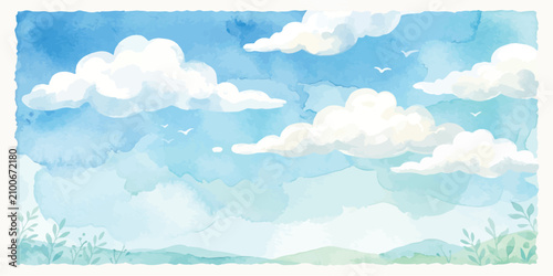 Watercolor sky landscape with clouds and soft greenery horizon watercolor texture water color hand drawn summer day blue sky landscape painting