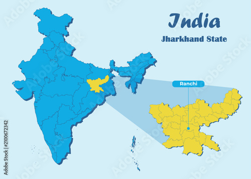 Jharkhand state highlighted in yellow in Indian map with editable vector illustration. Political map showing the location of Jharkhand with Ranchi marked, suitable for education, travel, geography.