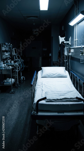 Dark Hospital Corridor With Empty Bed Waiting Room Gloomy Atmosphere Medical ICU