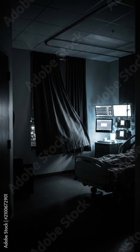 Dark Hospital Room With Medical Monitors And Window View