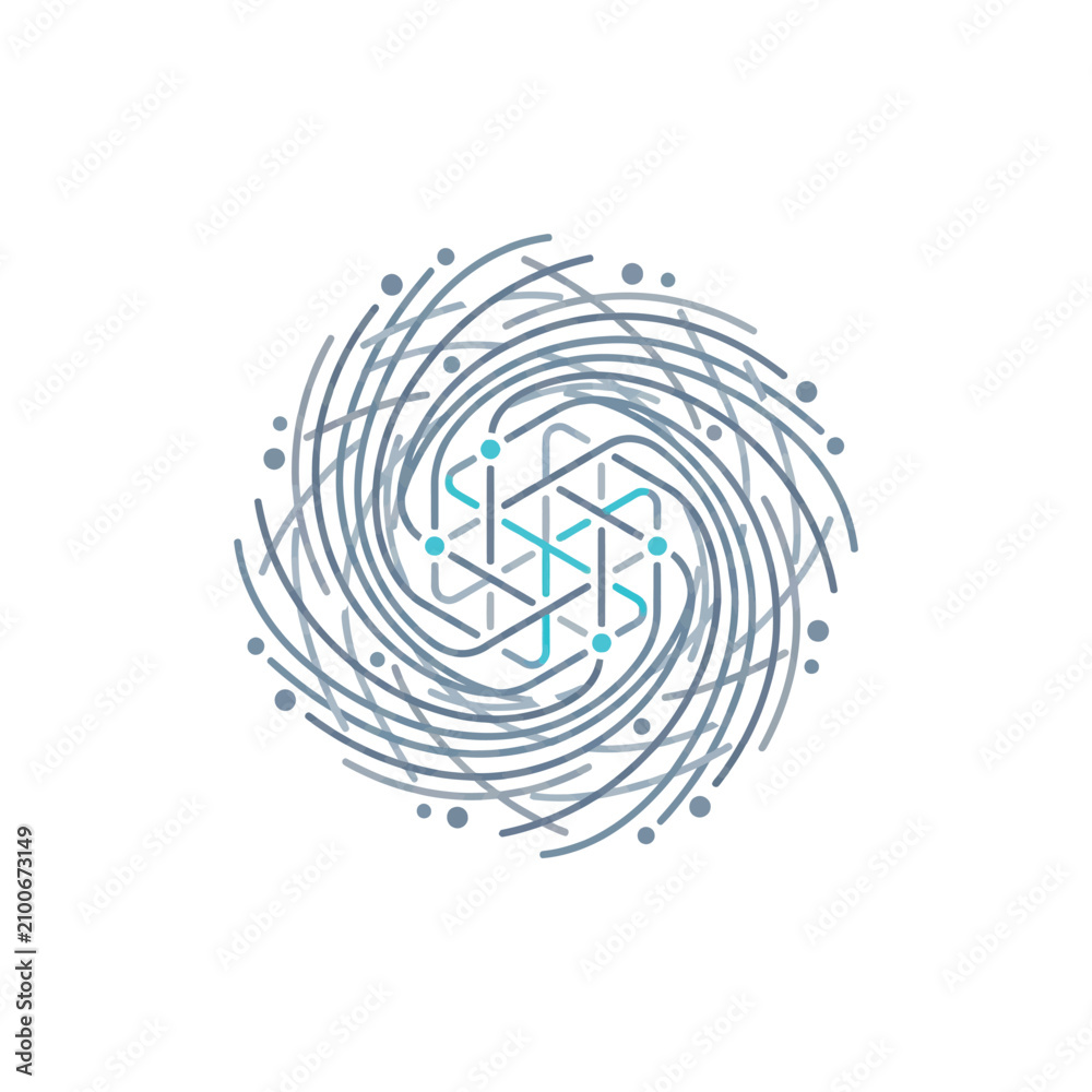 Fototapeta premium Abstract spiral vortex pattern with interconnected lines and dots in blue and grey colors representing complex network and data flow systems