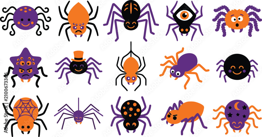 Fototapeta premium Spooky halloween day spiders cute cartoon insect illustrations for festive decorations and party supplies