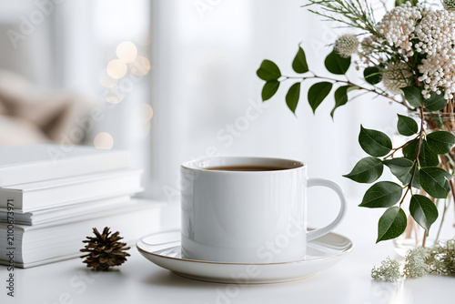 Cozy morning scene with coffee, books, and winter greenery by the window