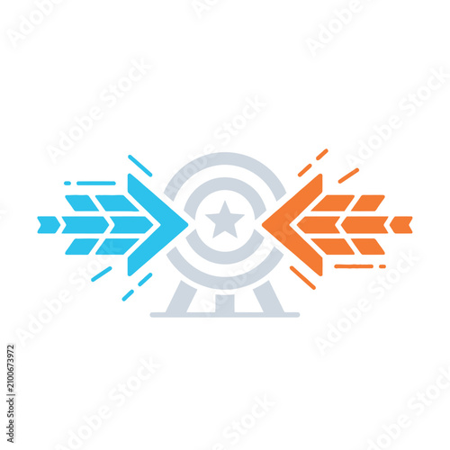 Strategic target achievement concept with opposing arrows and central star symbol for business goals and competitive success visualization