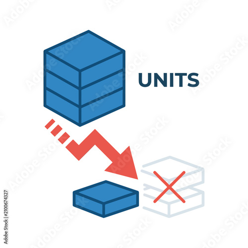 Foto Business concept showing units decreasing with red arrow and cross mark represen